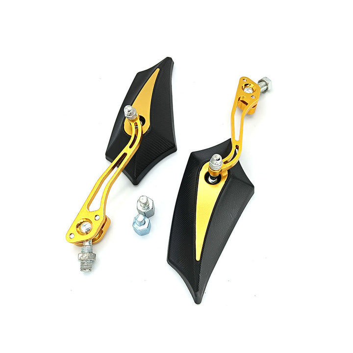 Sporty motorcycle rearview mirrors with rounded edges and adjustable viewing angle