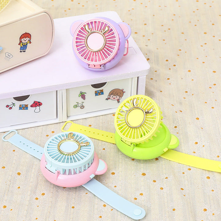 Ladies portable hand fan with integrated mirror and cute animal design