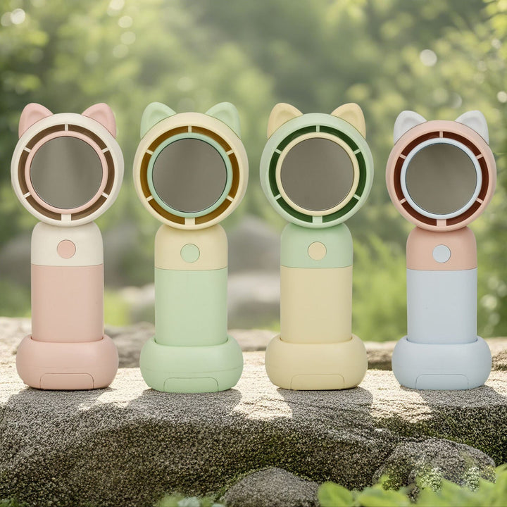 Cooling portable handheld bladeless fan with built-in mirror and rechargeable battery dock