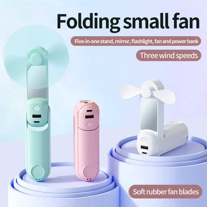 Unisex nan foldable handheld fan with built in USB power bank and compact mirror