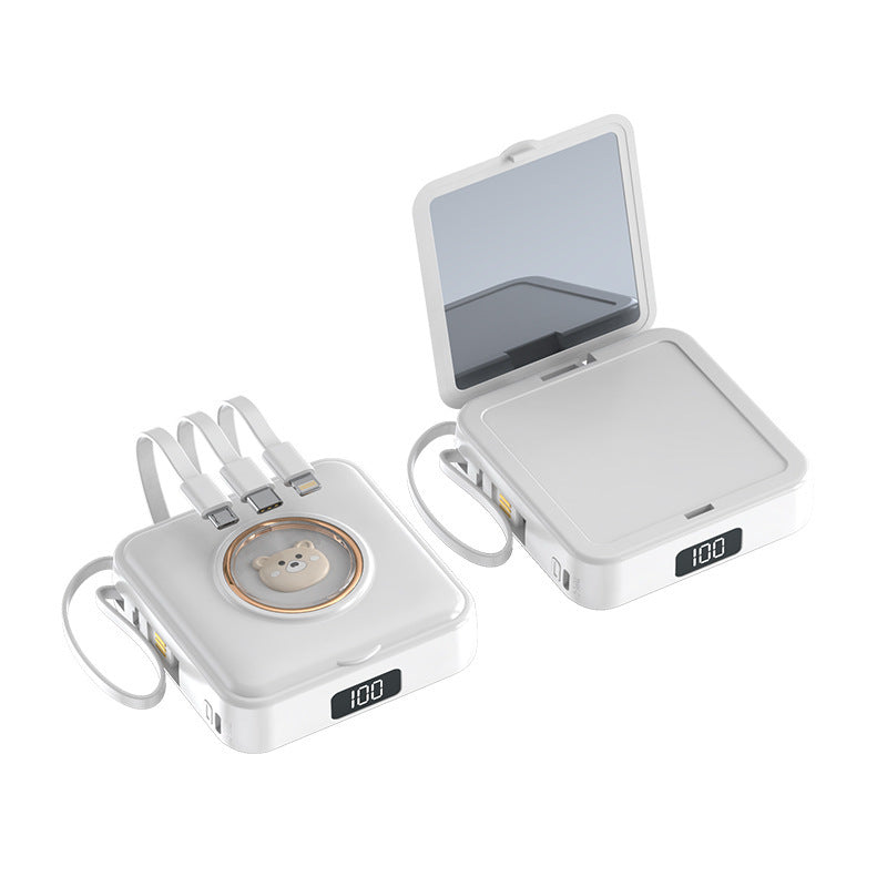 Compact power bank with integrated mirror and multifunction charging cable