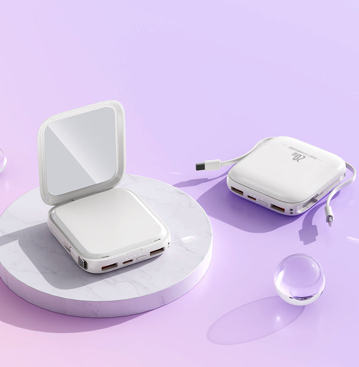 Portable power bank with integrated mirror and multifunctional charging cable