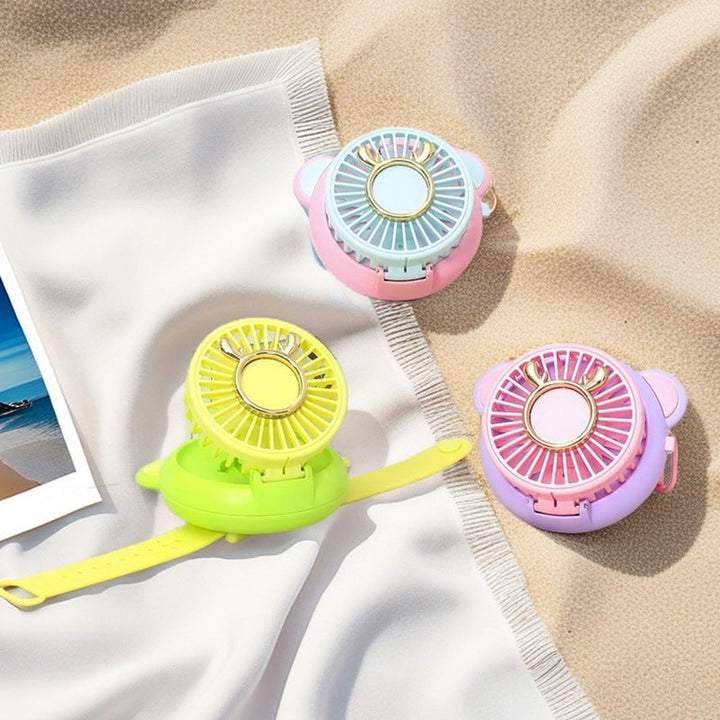Ladies portable hand fan with integrated mirror and cute animal design