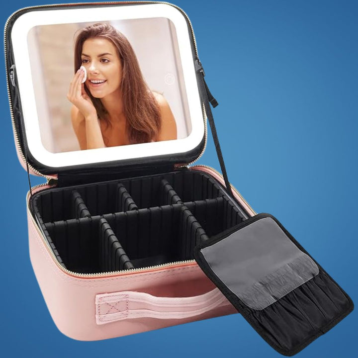 GlamOrganize | Makeup &amp; Toiletry Bag - Cosmetic Organiser - LED Mirror - Compact Storage for Makeup and Skincare - Travel-Friendly