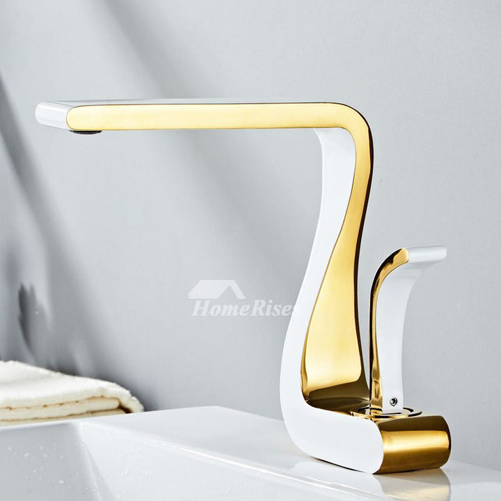 Polished Gold Bathroom Sink Faucets Single Handle Luxury Brass White Modern One Hole