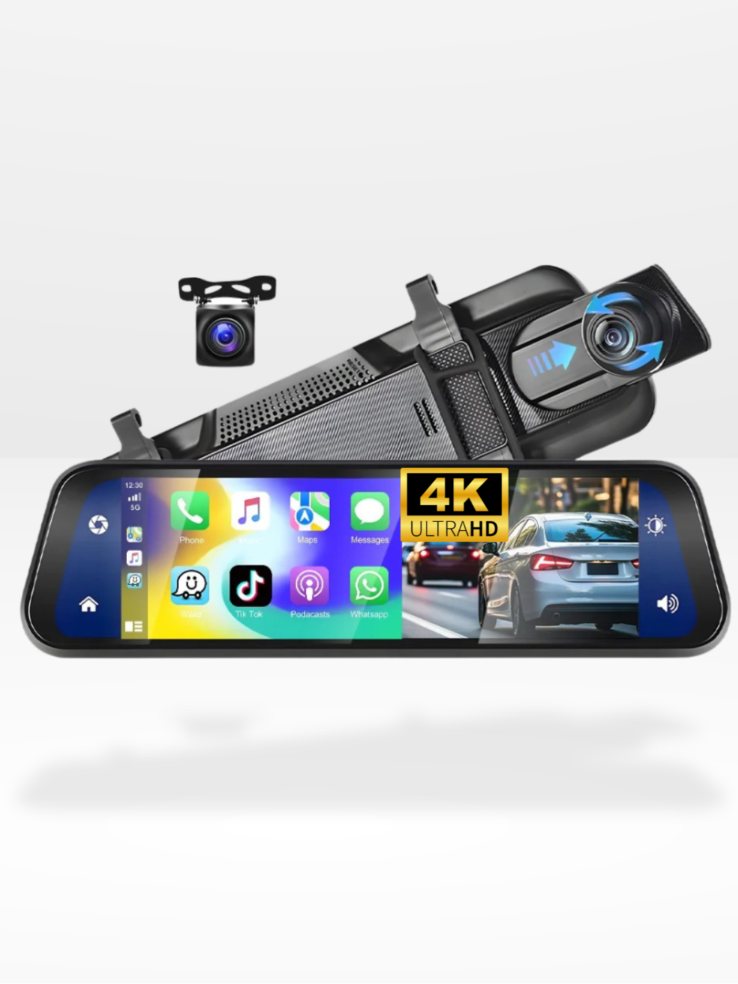 Rearview Mirror Dash Cam 4K Front &amp; Rear | CarPlay &amp; Smart Driving Assistant