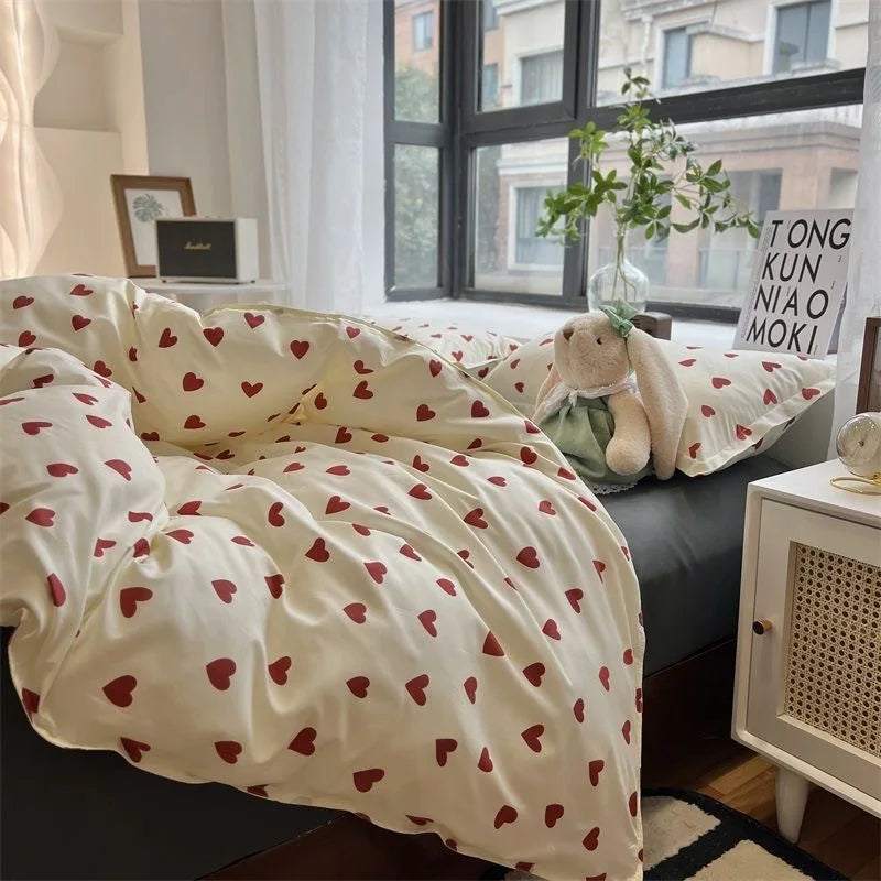 CozyLove | Twin, Full &amp; Queen Duvet Cover Set – Soft Korean-Style Bedding with Heart Design