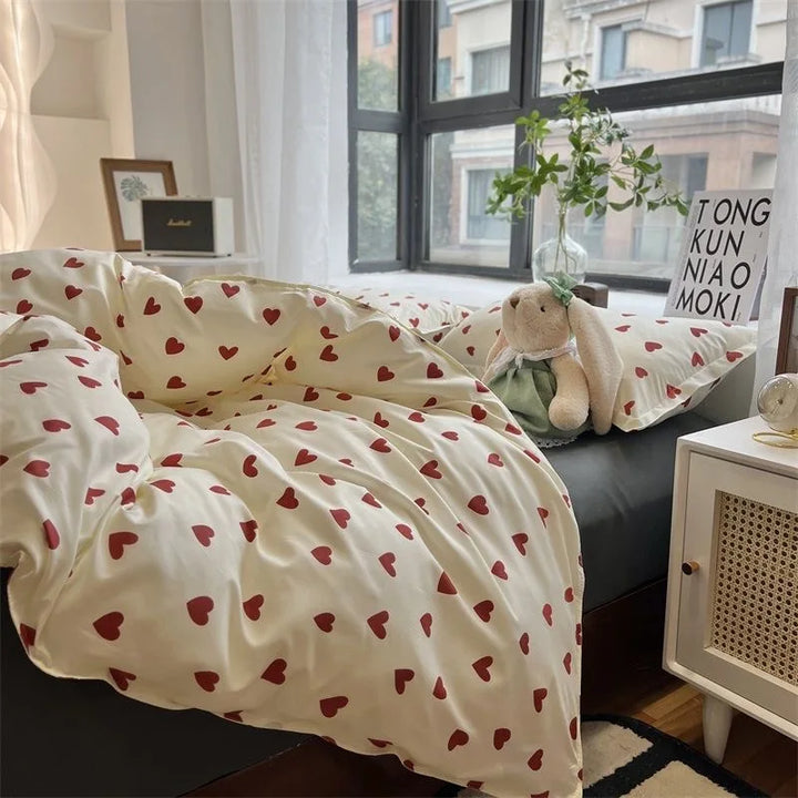 CozyLove | Twin, Full &amp; Queen Duvet Cover Set – Soft Korean-Style Bedding with Heart Design