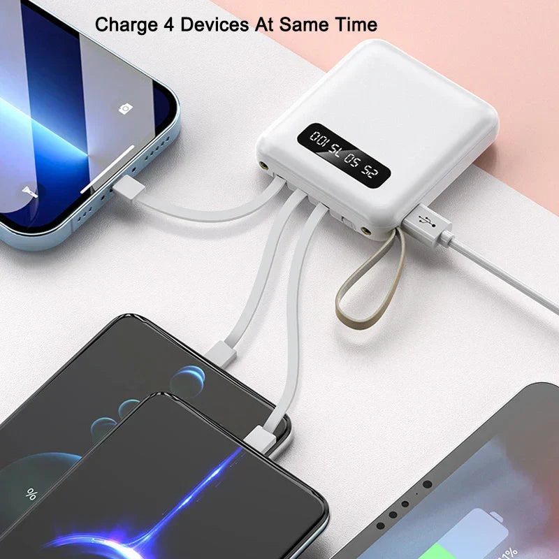 Mini Powerbank with Mirror Display | 20,000 mAh | Quick Charge Function &amp; Integrated Cables | For iPhone, Samsung, Xiaomi &amp; more
