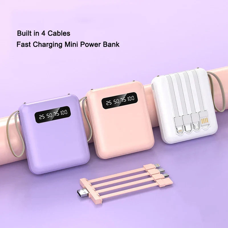 Mini Powerbank with Mirror Display | 20,000 mAh | Quick Charge Function &amp; Integrated Cables | For iPhone, Samsung, Xiaomi &amp; more