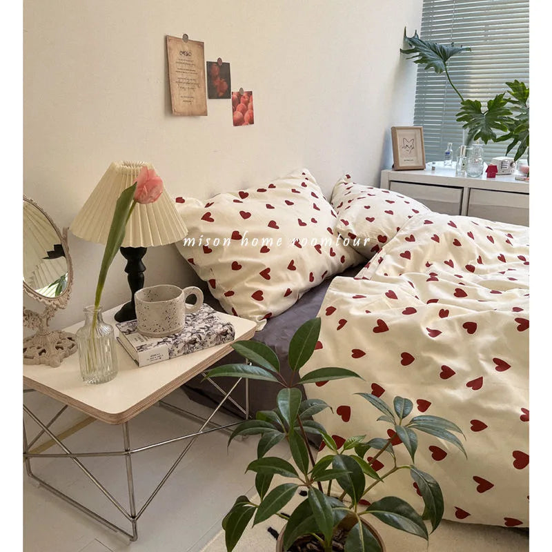 CozyLove | Twin, Full &amp; Queen Duvet Cover Set – Soft Korean-Style Bedding with Heart Design