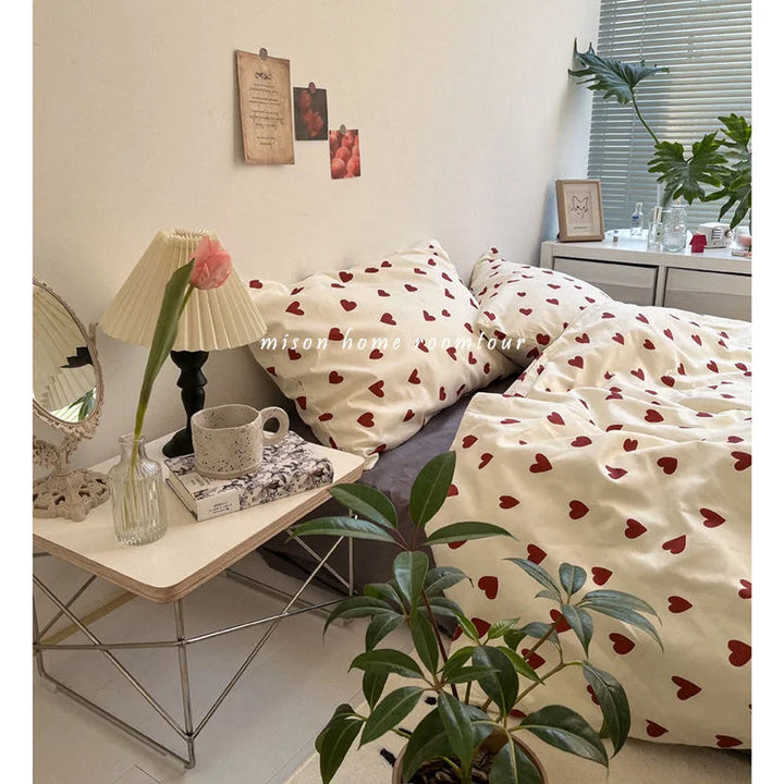 CozyLove | Twin, Full &amp; Queen Duvet Cover Set – Soft Korean-Style Bedding with Heart Design