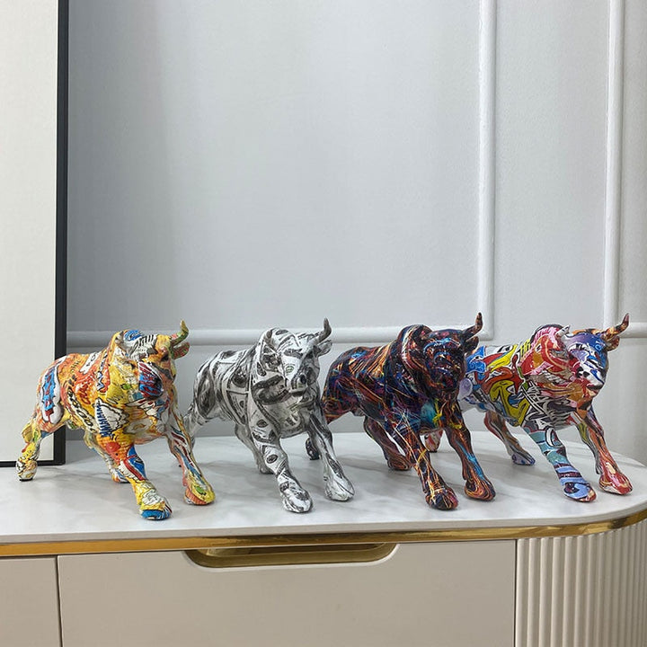 Graffiti-Painting Resin Bull Figures Home Living Room Bedroom Office Desktop Feng Shui Ornaments Collection Statues