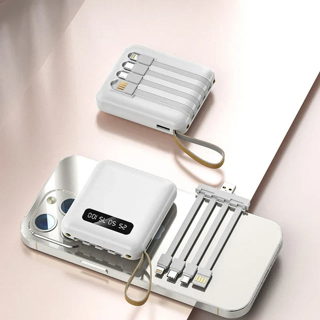 Mini Powerbank with Mirror Display | 20,000 mAh | Quick Charge Function & Integrated Cables | For iPhone, Samsung, Xiaomi & more