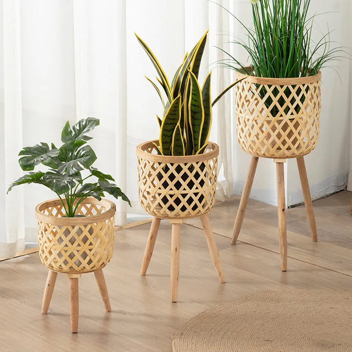 Handcrafted Bamboo Woven Flower Pot with Stand Plant Flower Display Storage Stand DIY Storage Children&