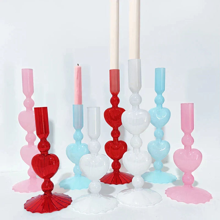 Retro Taper Candle Holder Red Heart Shape Glass Candle Holder Wedding Table Decoration Home Party Glass Vase Decor