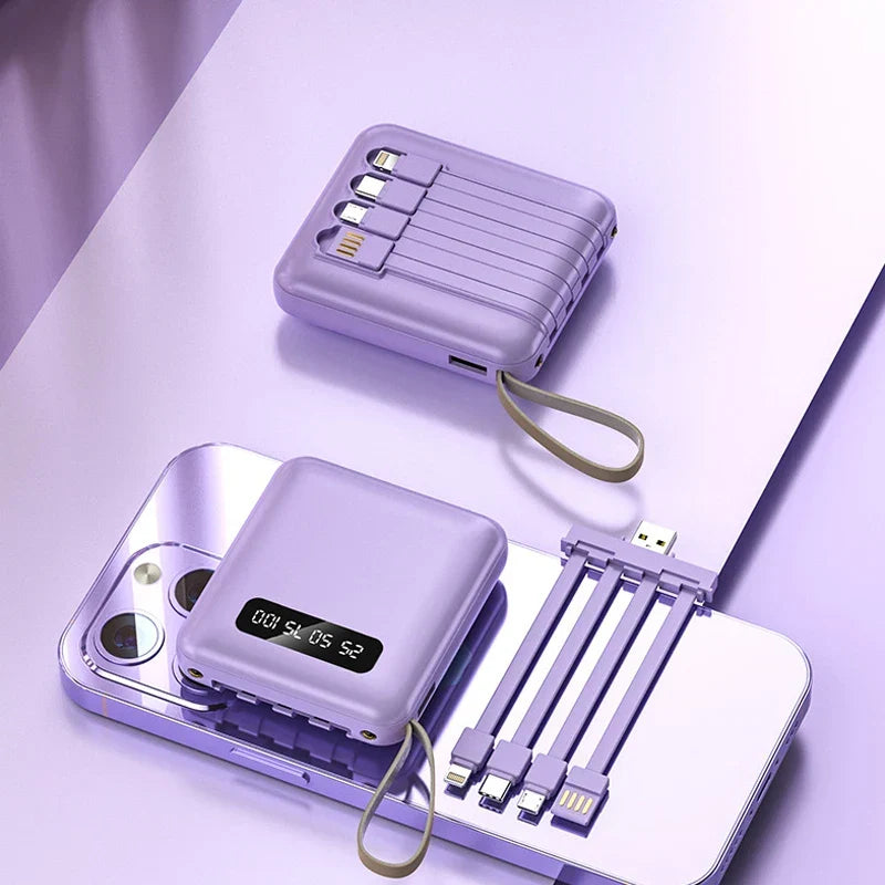 Mini Powerbank with Mirror Display | 20,000 mAh | Quick Charge Function &amp; Integrated Cables | For iPhone, Samsung, Xiaomi &amp; more