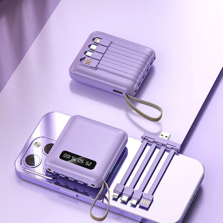 Mini Powerbank with Mirror Display | 20,000 mAh | Quick Charge Function &amp; Integrated Cables | For iPhone, Samsung, Xiaomi &amp; more