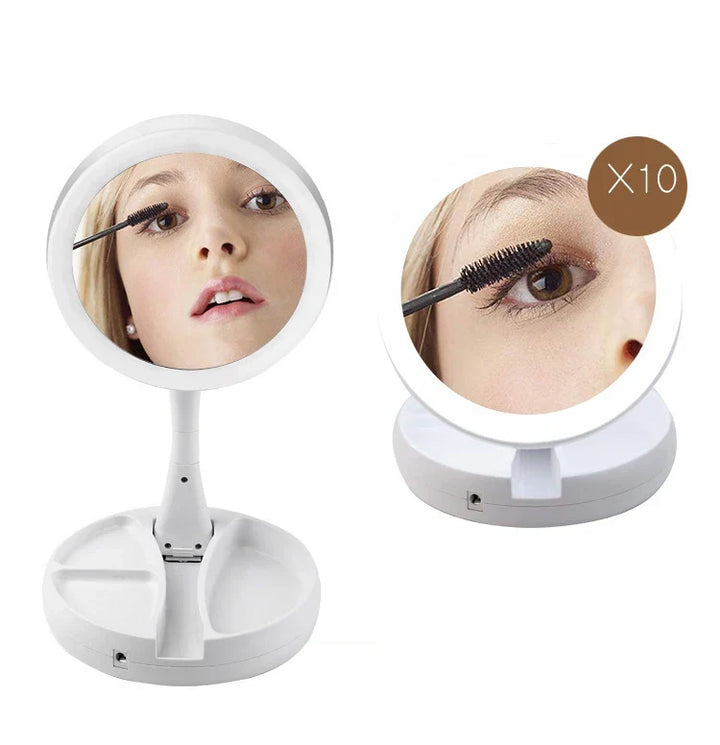 Glamora Travel Mirror LED | Double-Sided &amp; 10x Magnification | Foldable &amp; Portable | With Accessory Compartment