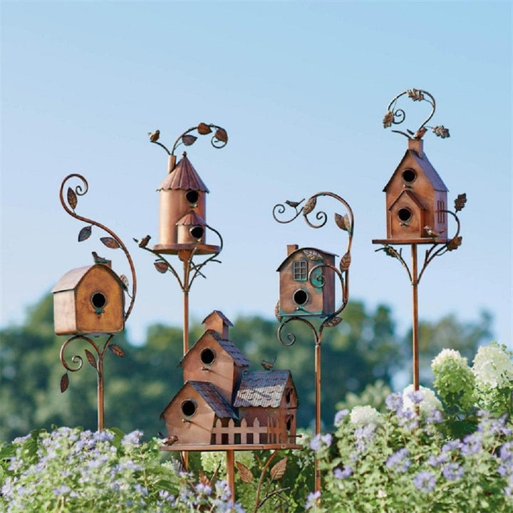 Metal art birdhouse garden stake - Talart