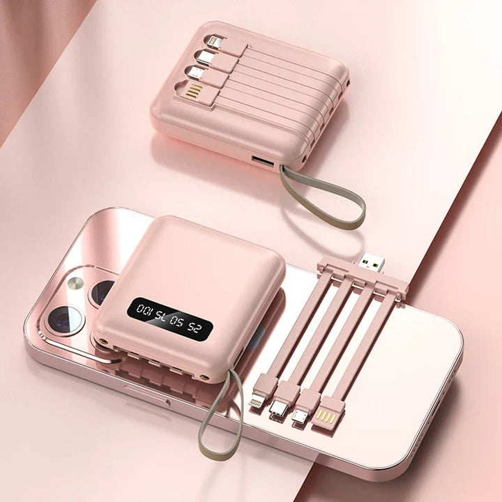 Mini Powerbank with Mirror Display | 20,000 mAh | Quick Charge Function &amp; Integrated Cables | For iPhone, Samsung, Xiaomi &amp; more