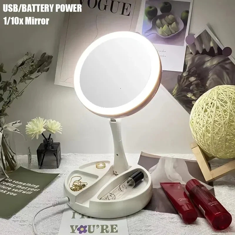 Glamora Travel Mirror LED | Double-Sided &amp; 10x Magnification | Foldable &amp; Portable | With Accessory Compartment
