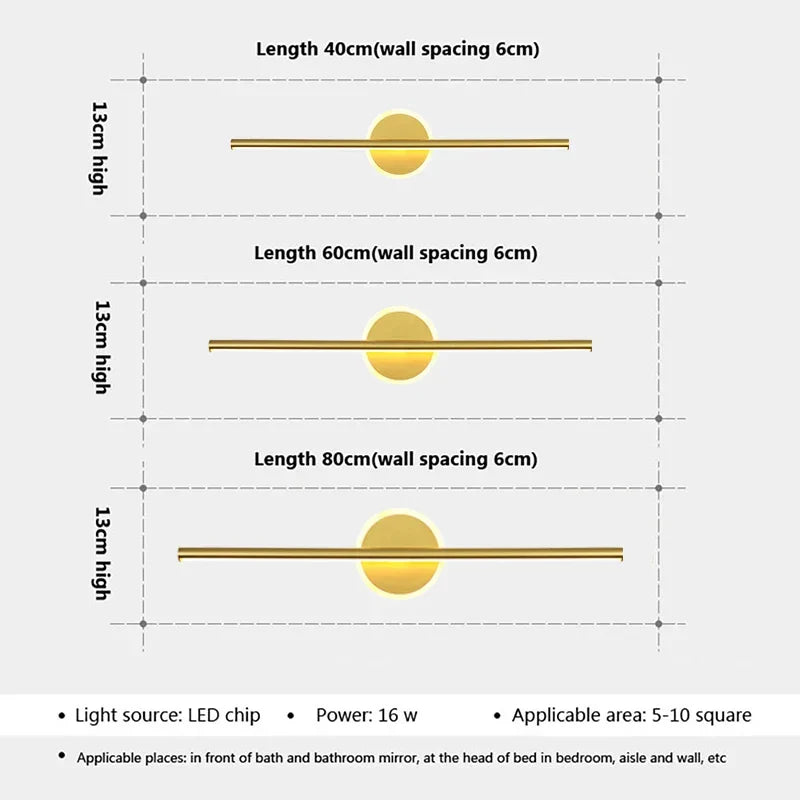 LED Wall Light LineaLux | Black &amp; Gold | 40/60/80 cm | Warm, Cold &amp; Three-colour Light | Modern Mirror &amp; Wall Lighting