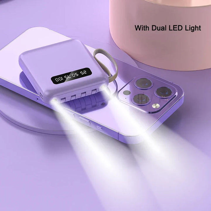 Mini Powerbank with Mirror Display | 20,000 mAh | Quick Charge Function &amp; Integrated Cables | For iPhone, Samsung, Xiaomi &amp; more