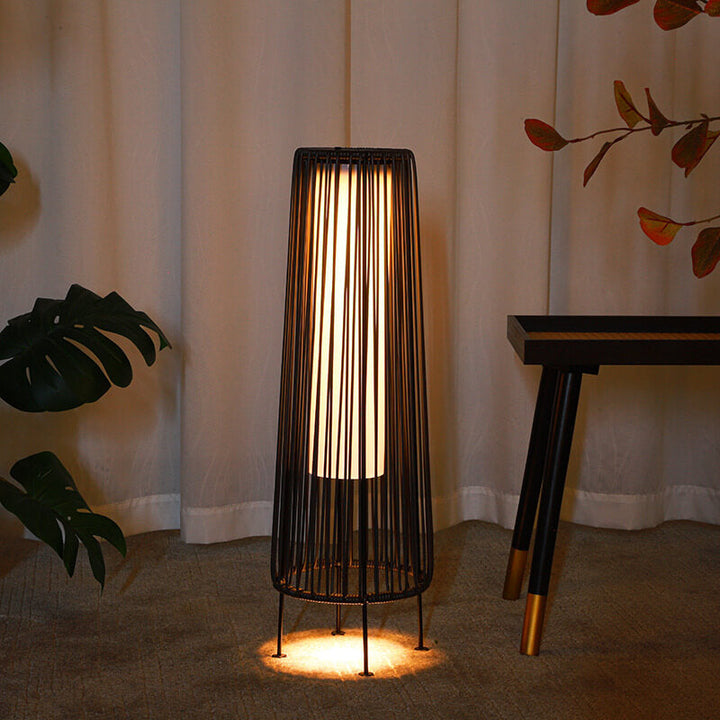 Modern Minimalist Solar Waterproof Round Vertical Pull Strip Iron Rattan LED Standing Floor Lamp For Outdoor Patio |