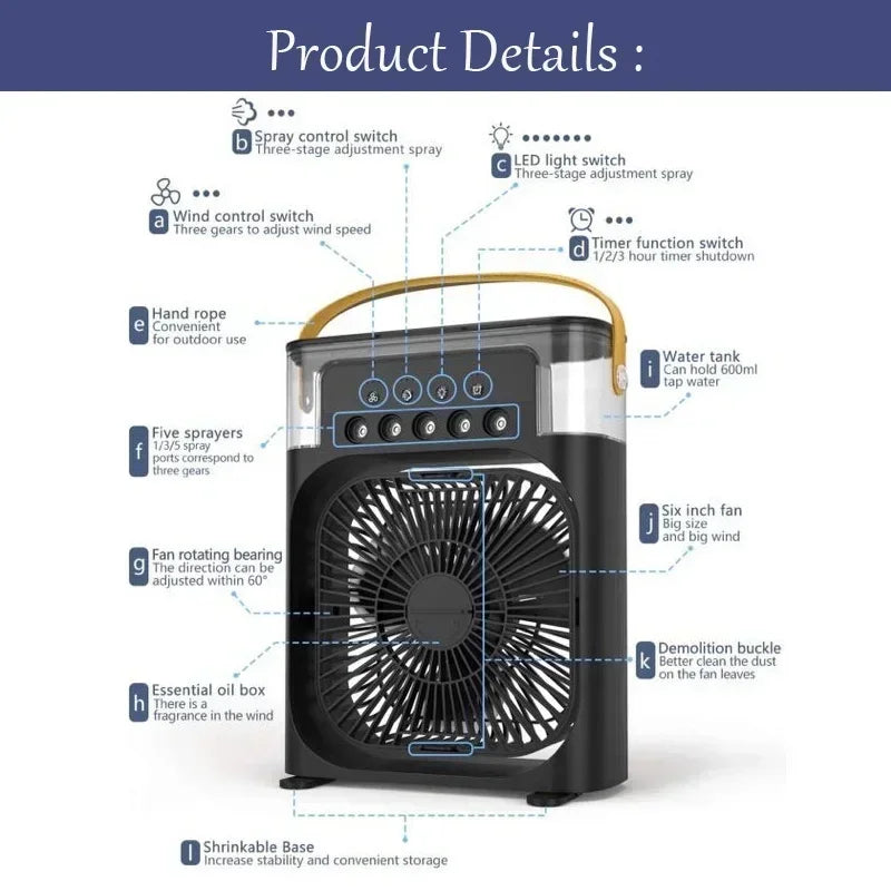 3 In 1 Fan AIr Conditioner Household Small Air Cooler LED Night Light Portable Humidifier Air Adjustment Fan Office Home Fan New |