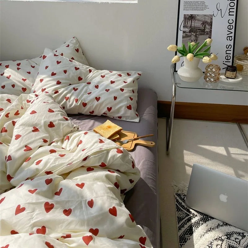 CozyLove | Twin, Full &amp; Queen Duvet Cover Set – Soft Korean-Style Bedding with Heart Design