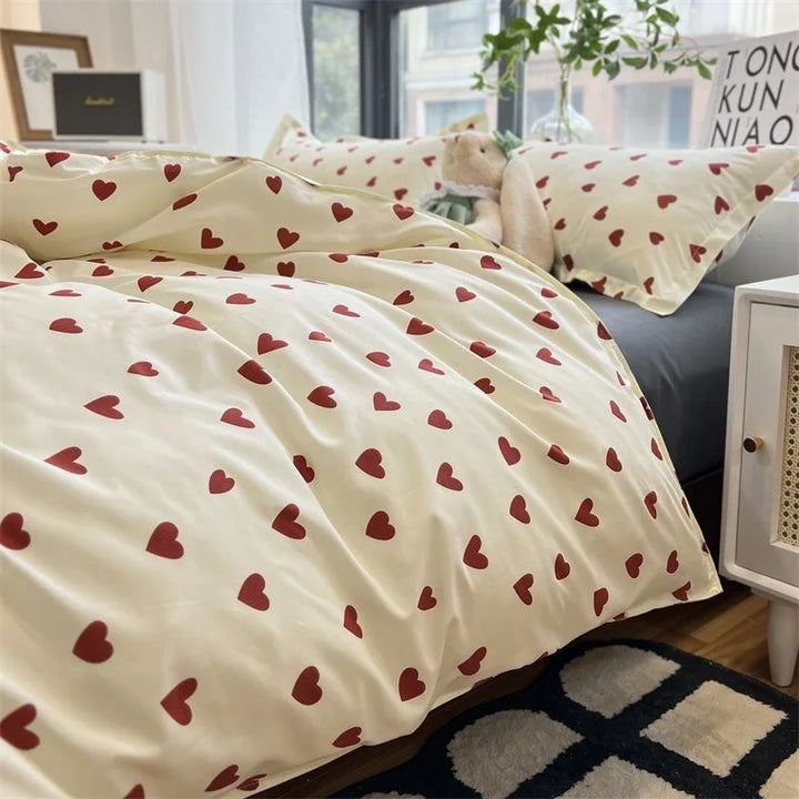 CozyLove | Twin, Full &amp; Queen Duvet Cover Set – Soft Korean-Style Bedding with Heart Design