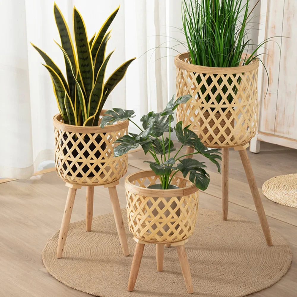 Handcrafted Bamboo Woven Flower Pot with Stand Plant Flower Display Storage Stand DIY Storage Children&