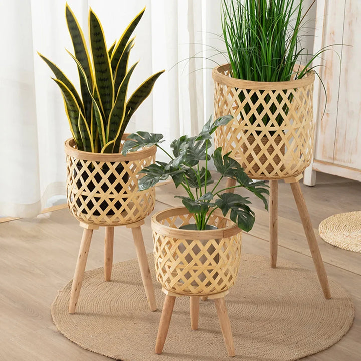 Handcrafted Bamboo Woven Flower Pot with Stand Plant Flower Display Storage Stand DIY Storage Children&