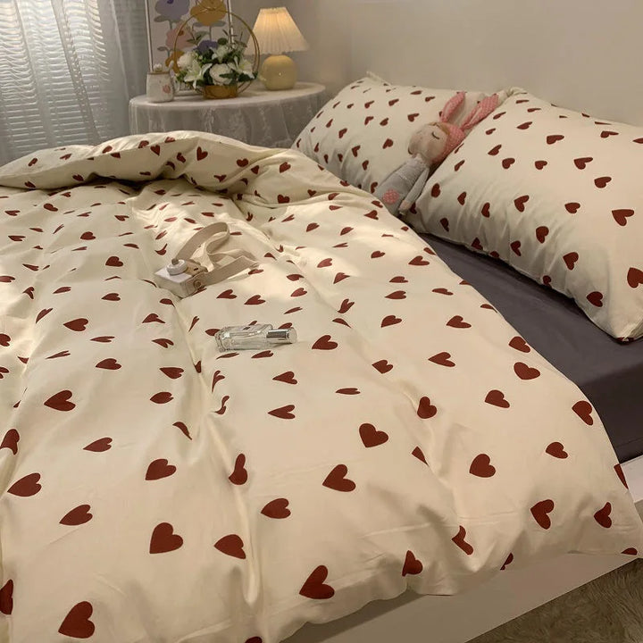 CozyLove | Twin, Full &amp; Queen Duvet Cover Set – Soft Korean-Style Bedding with Heart Design