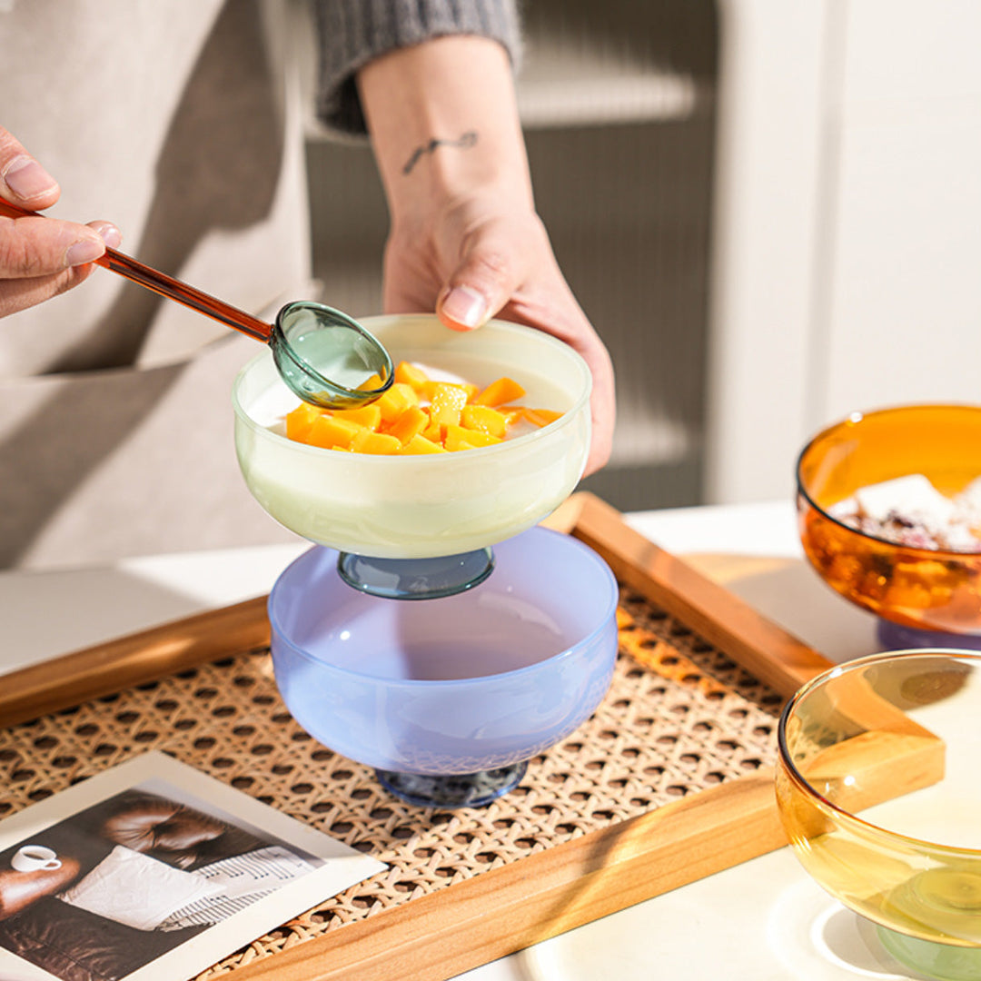 colourful borosilicate dessert bowl with spoon