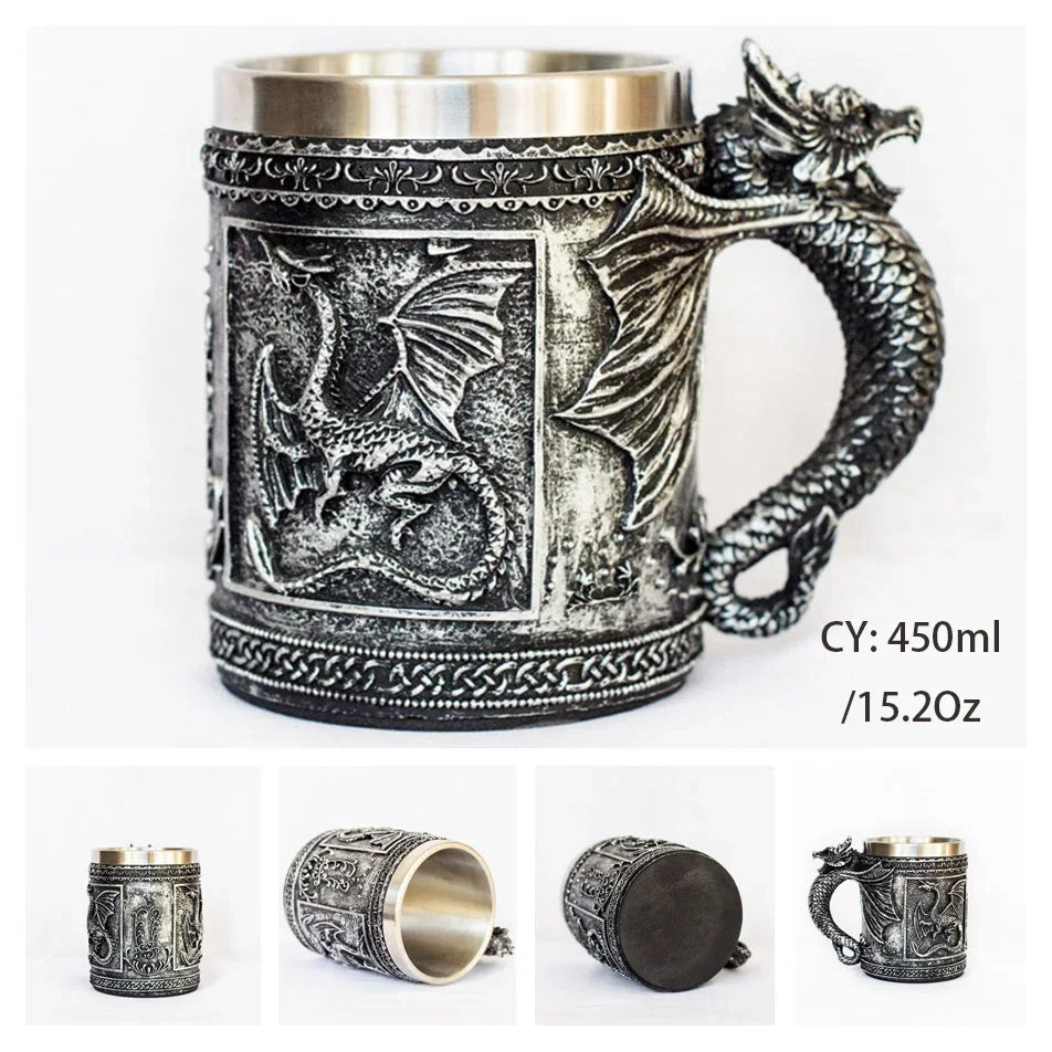 Medieval Dragon Resin Stainless Steel Mug as Coffee Mug or Tea Mug