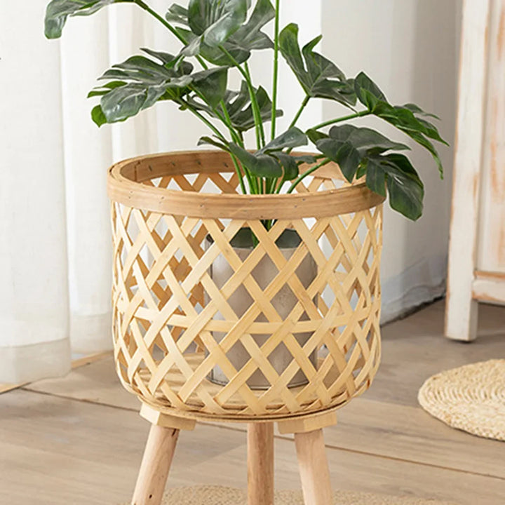 Handcrafted Bamboo Woven Flower Pot with Stand Plant Flower Display Storage Stand DIY Storage Children&