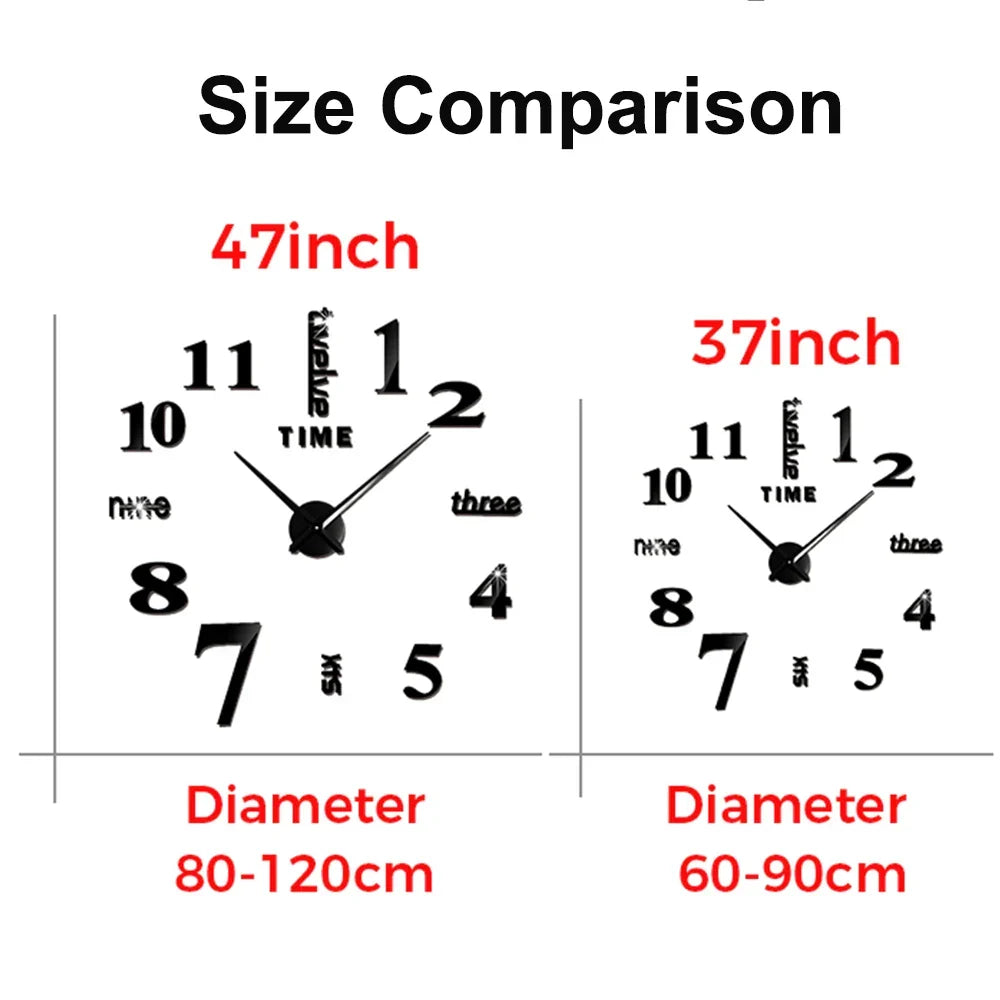 Big Wall Clock DIY 3D Self Adhesive Mirrored Acrylic Wall Clock For Kitchen Dining Room Living Room Creative Home Decor |