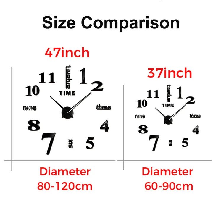 Big Wall Clock DIY 3D Self Adhesive Mirrored Acrylic Wall Clock For Kitchen Dining Room Living Room Creative Home Decor |