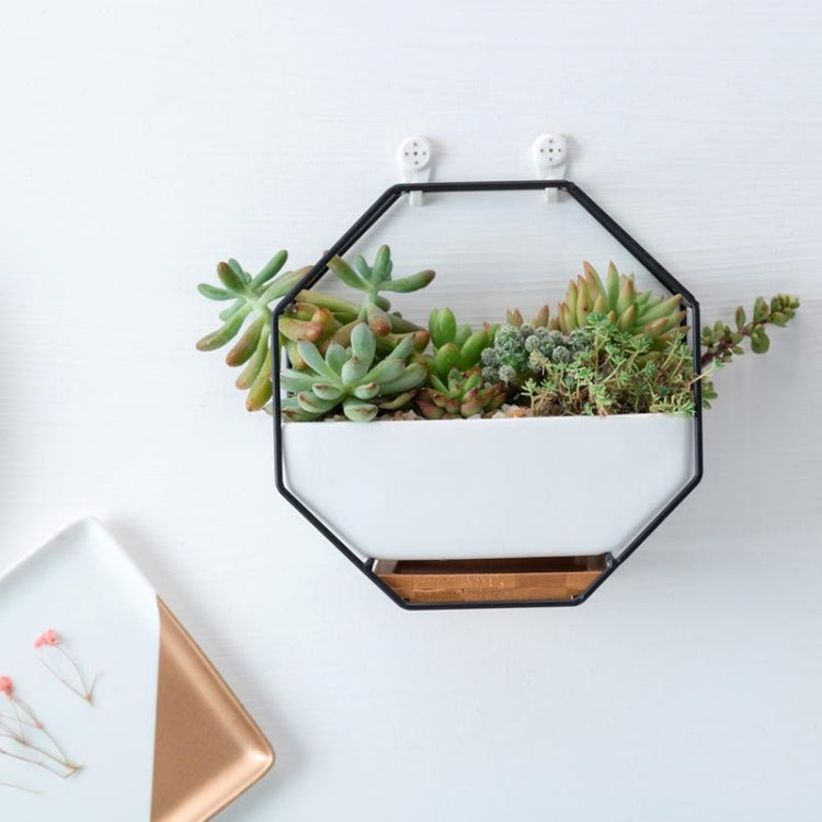 Simple octagonal geometric wall hanging table succulent plate bamboo support iron frame flower pot (black)