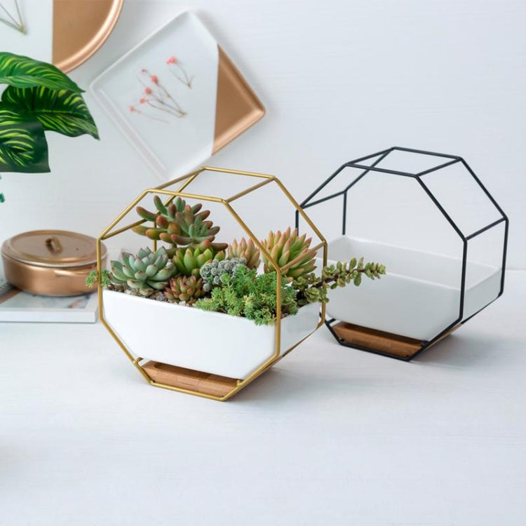 Simple octagonal geometric wall hanging table succulent plate bamboo support iron frame flower pot (black)