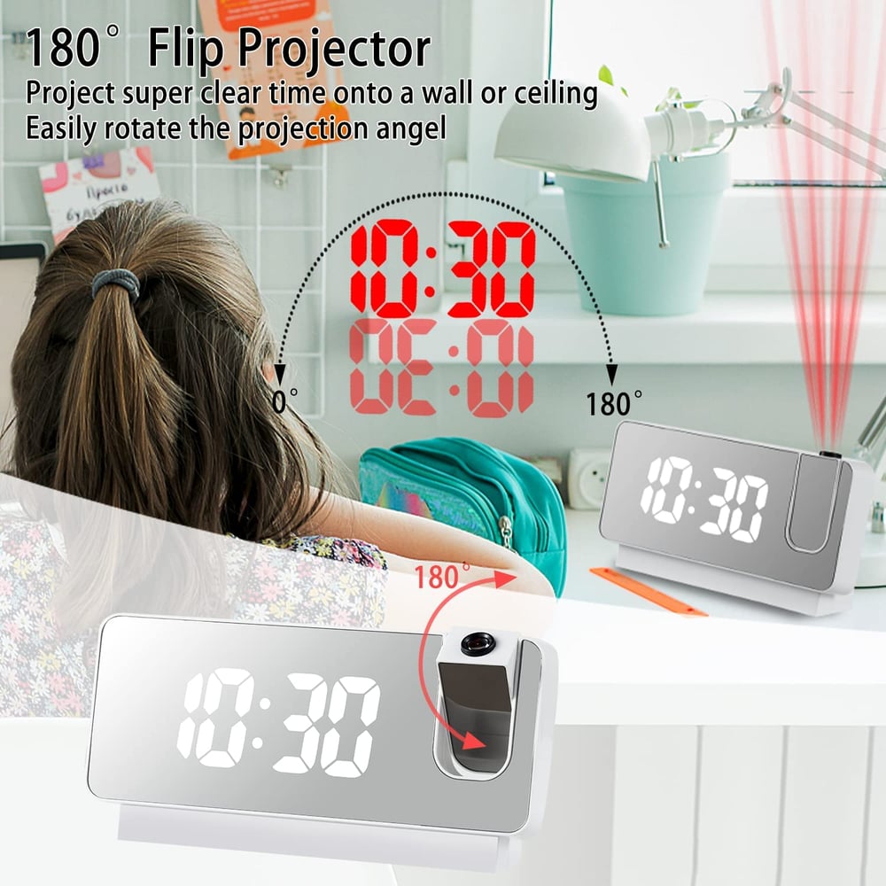 Projection Alarm Clock | LED Display with Mirror Surface | Dual Alarms &amp; Temperature | 19cm