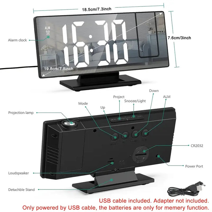 180° Adjustable LED Projection Alarm Clock – Snooze, 12/24H Time &amp; Temperature Display, Mirror Design – USB Powered, Night Mode &amp; Memory Function
