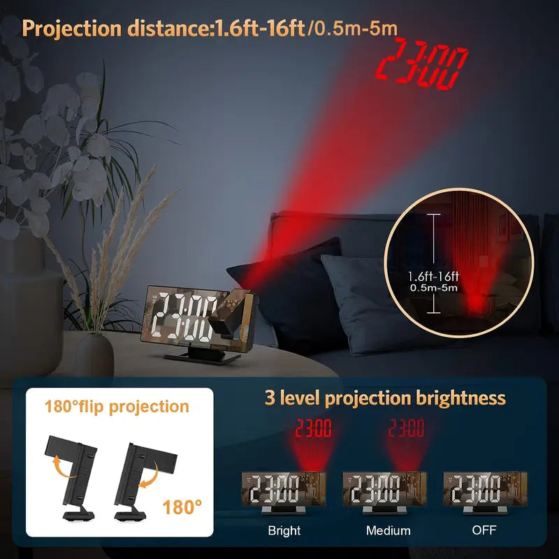 180° Adjustable LED Projection Alarm Clock – Snooze, 12/24H Time &amp; Temperature Display, Mirror Design – USB Powered, Night Mode &amp; Memory Function