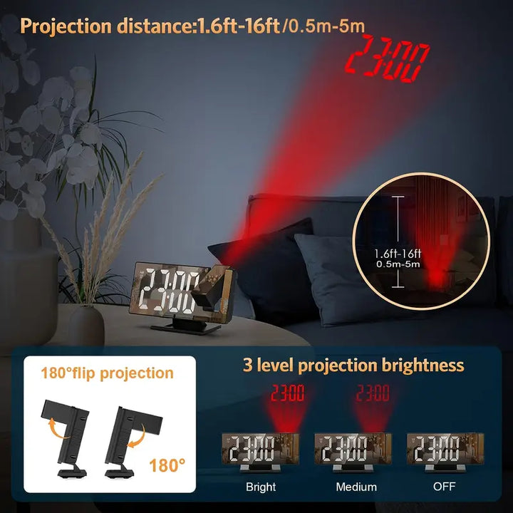 180° Adjustable LED Projection Alarm Clock – Snooze, 12/24H Time &amp; Temperature Display, Mirror Design – USB Powered, Night Mode &amp; Memory Function