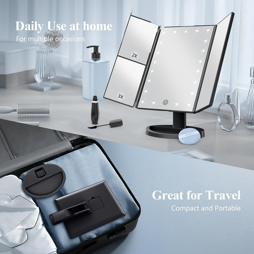 GlowMirror – Foldable LED Makeup Mirror with 3x/2x Magnification |