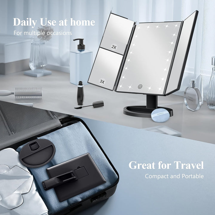 GlowMirror – Foldable LED Makeup Mirror with 3x/2x Magnification |
