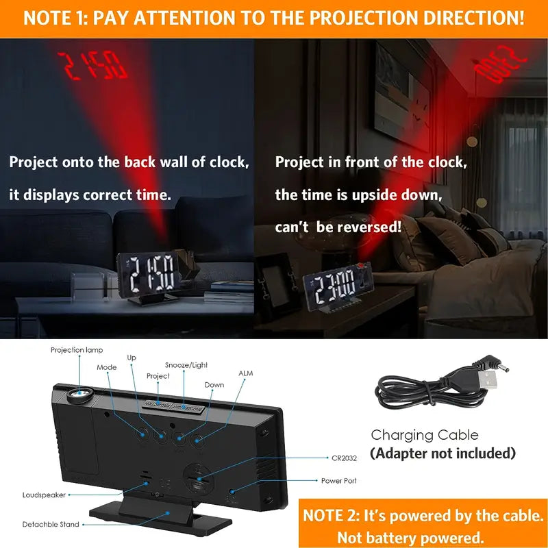 180° Adjustable LED Projection Alarm Clock – Snooze, 12/24H Time &amp; Temperature Display, Mirror Design – USB Powered, Night Mode &amp; Memory Function