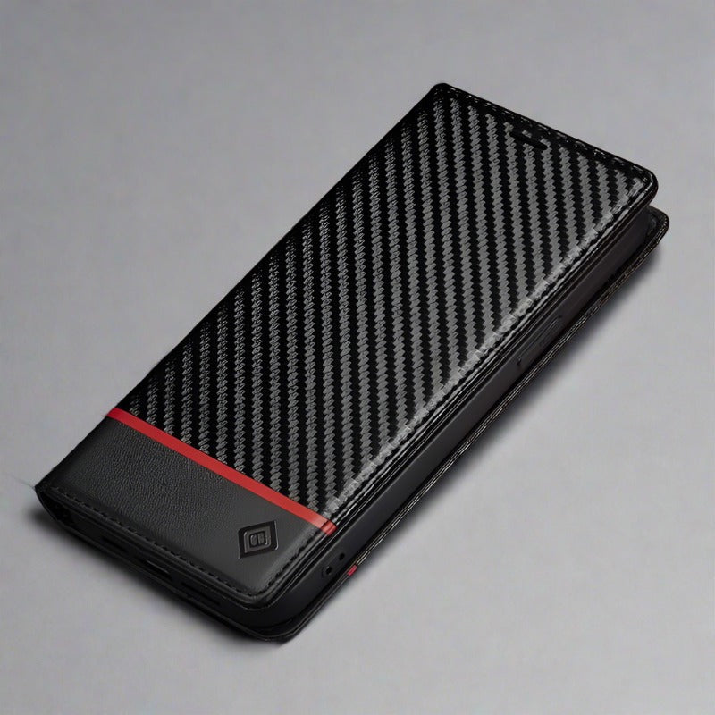 S23 Phone case | Card holder made of carbon fiber leather with magnetic closure